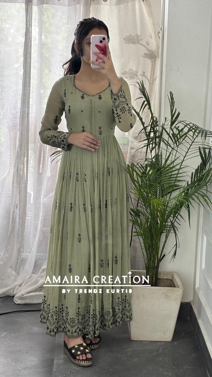 Premium Organza Light Green Embroidered Anarkali Set