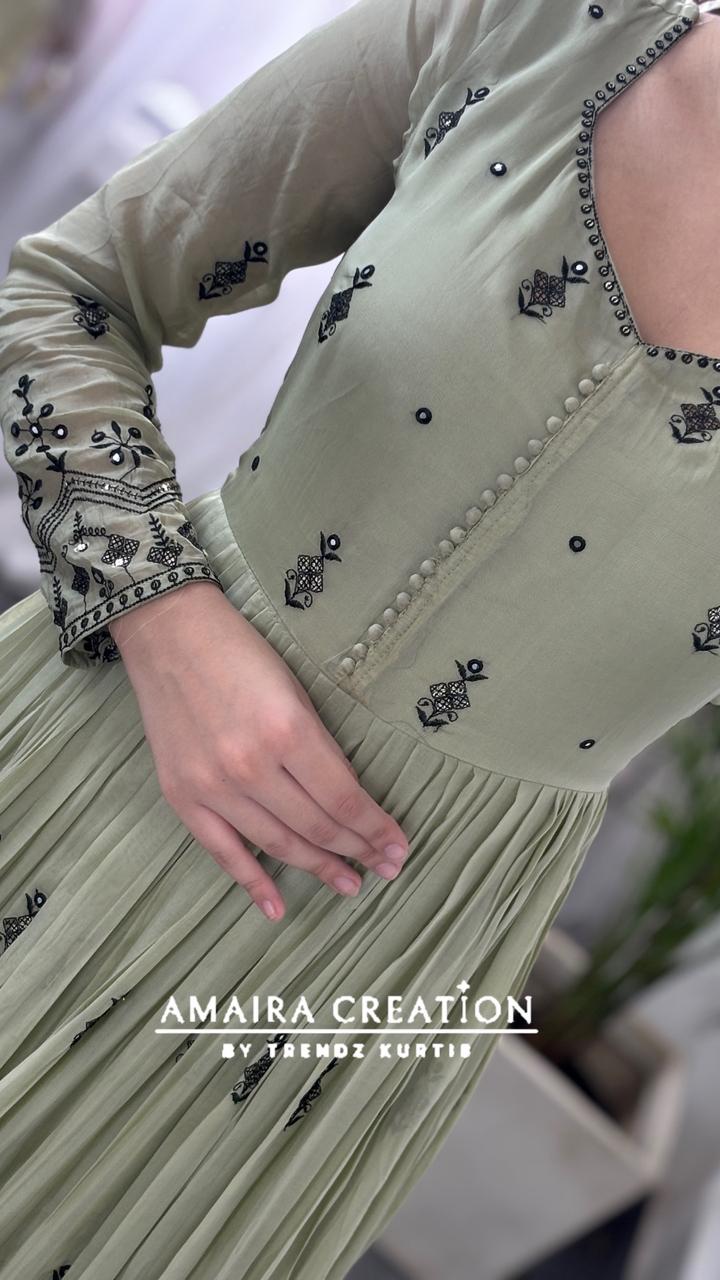 Premium Organza Light Green Embroidered Anarkali Set