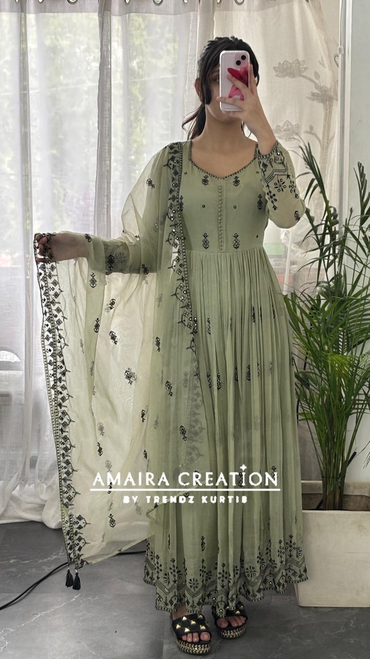 Premium Organza Light Green Embroidered Anarkali Set