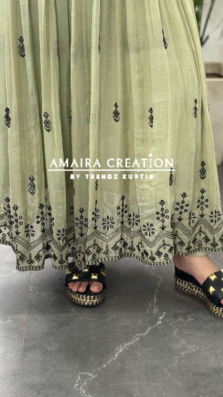 Premium Organza Light Green Embroidered Anarkali Set