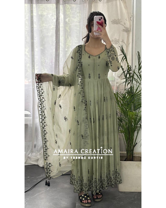Premium Organza Light Green Embroidered Anarkali Set