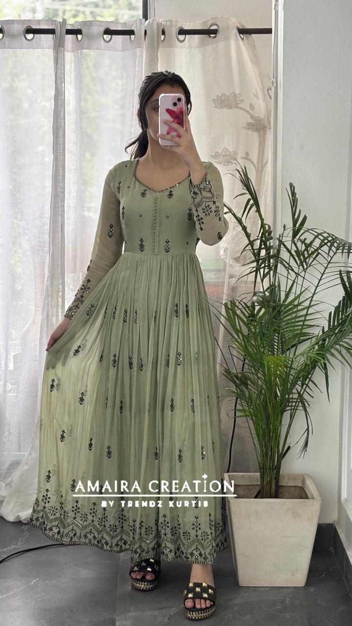 Premium Organza Light Green Embroidered Anarkali Set