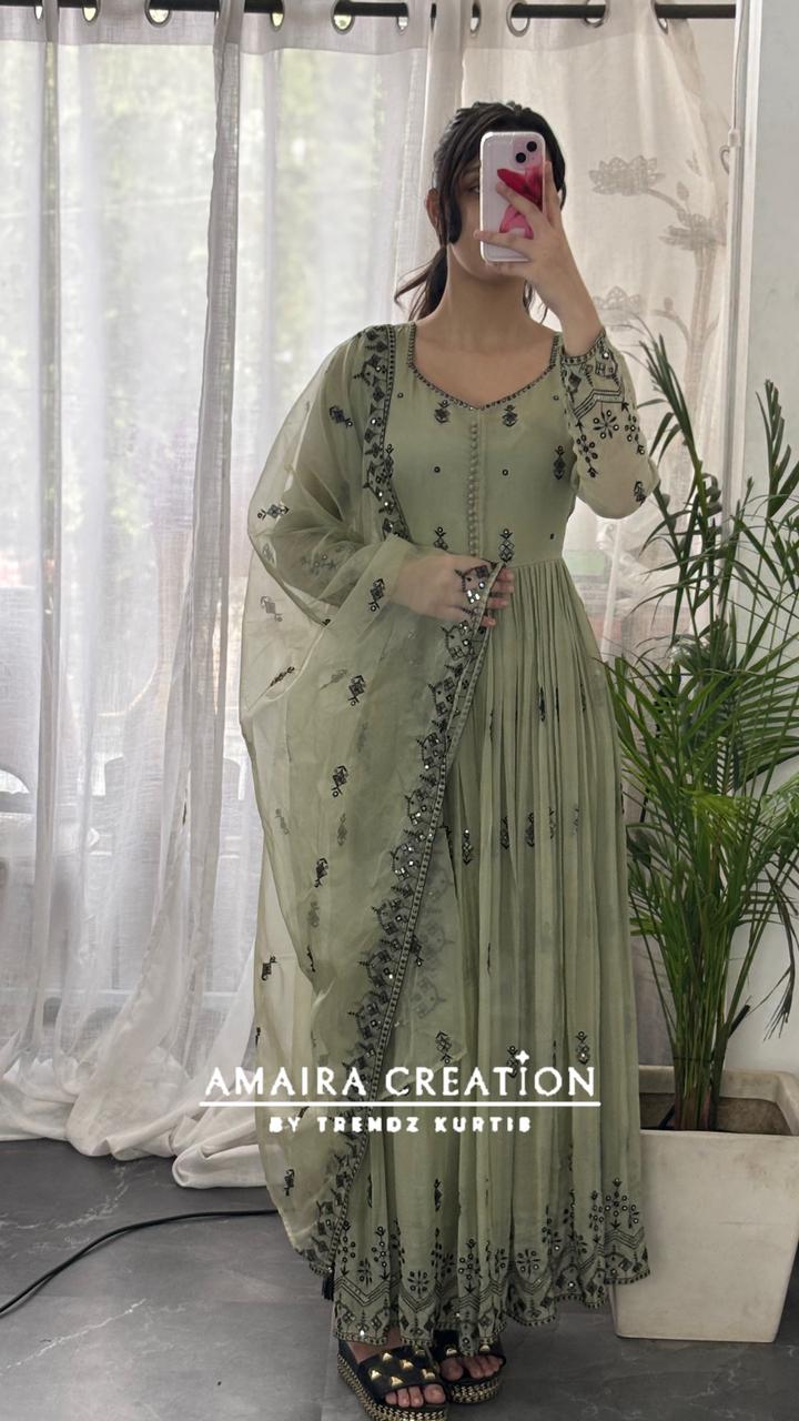 Premium Organza Light Green Embroidered Anarkali Set
