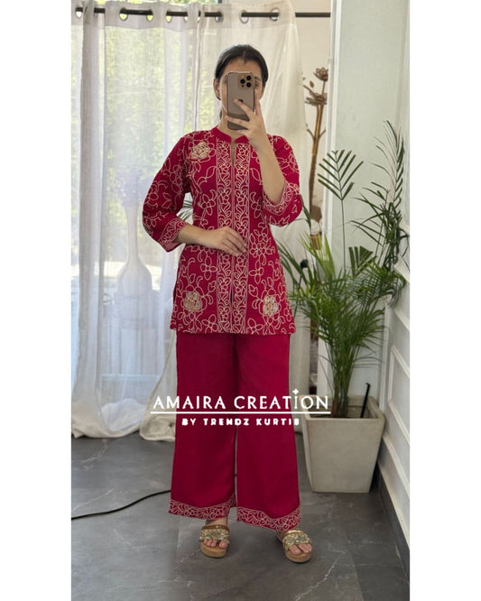 Premium Vichitra Silk Magenta Embroidered Cord Set