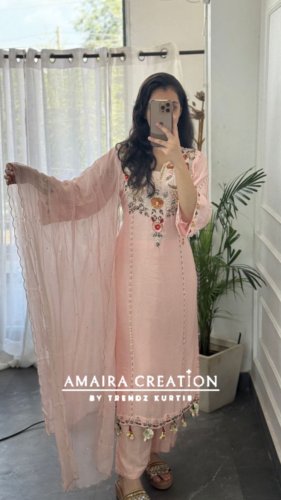 Premium Dola Silk Light Peach Beautiful Embroidered Pant Set