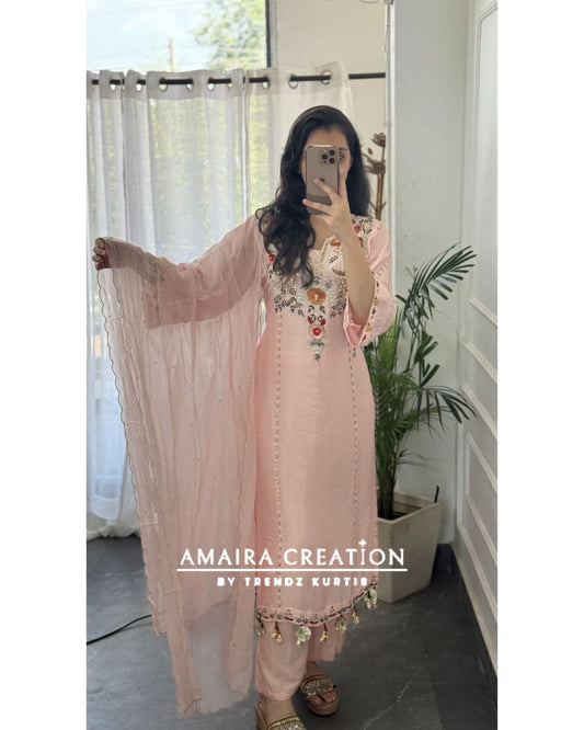 Premium Dola Silk Light Peach Beautiful Embroidered Pant Set