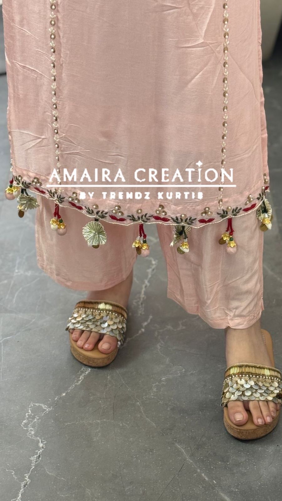 Premium Dola Silk Light Peach Beautiful Embroidered Pant Set