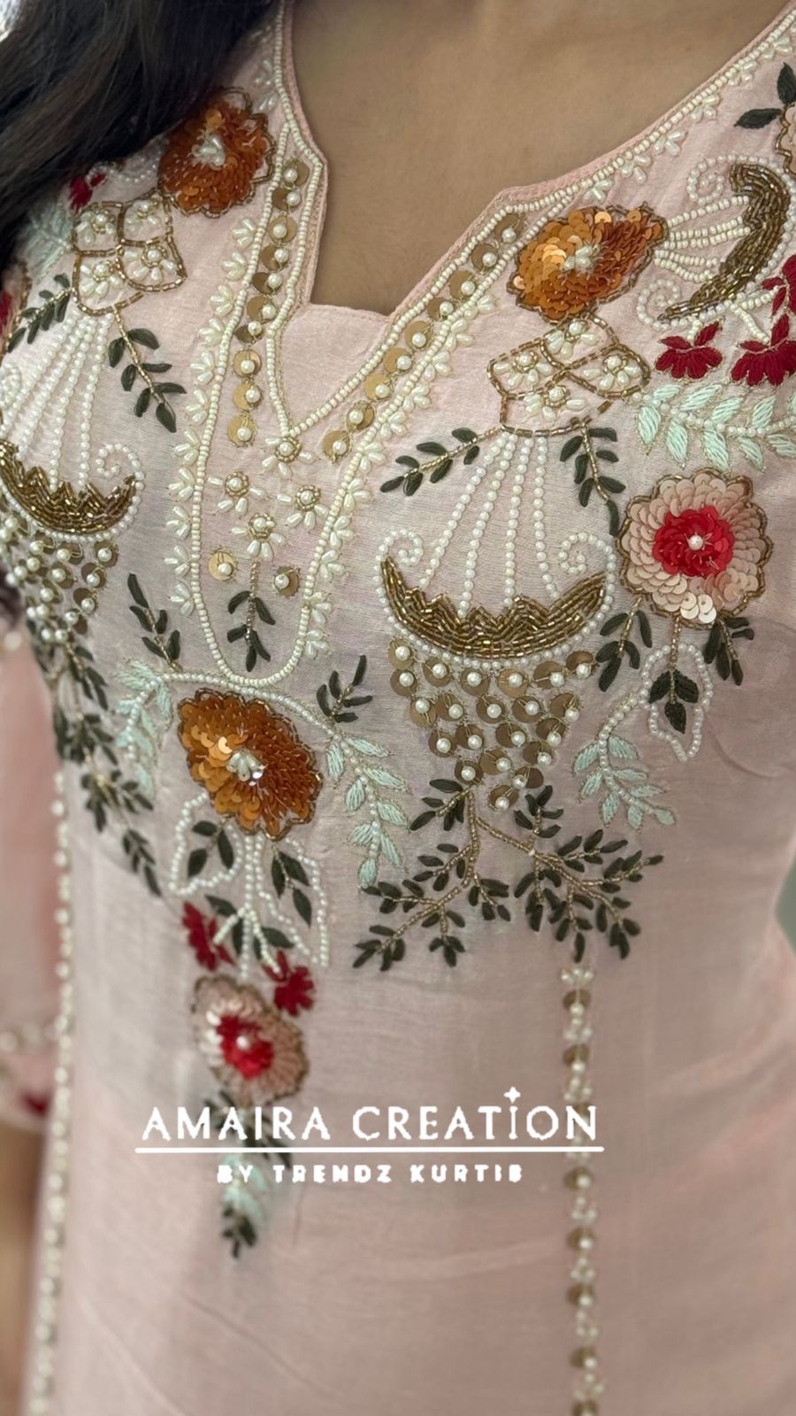 Premium Dola Silk Light Peach Beautiful Embroidered Pant Set