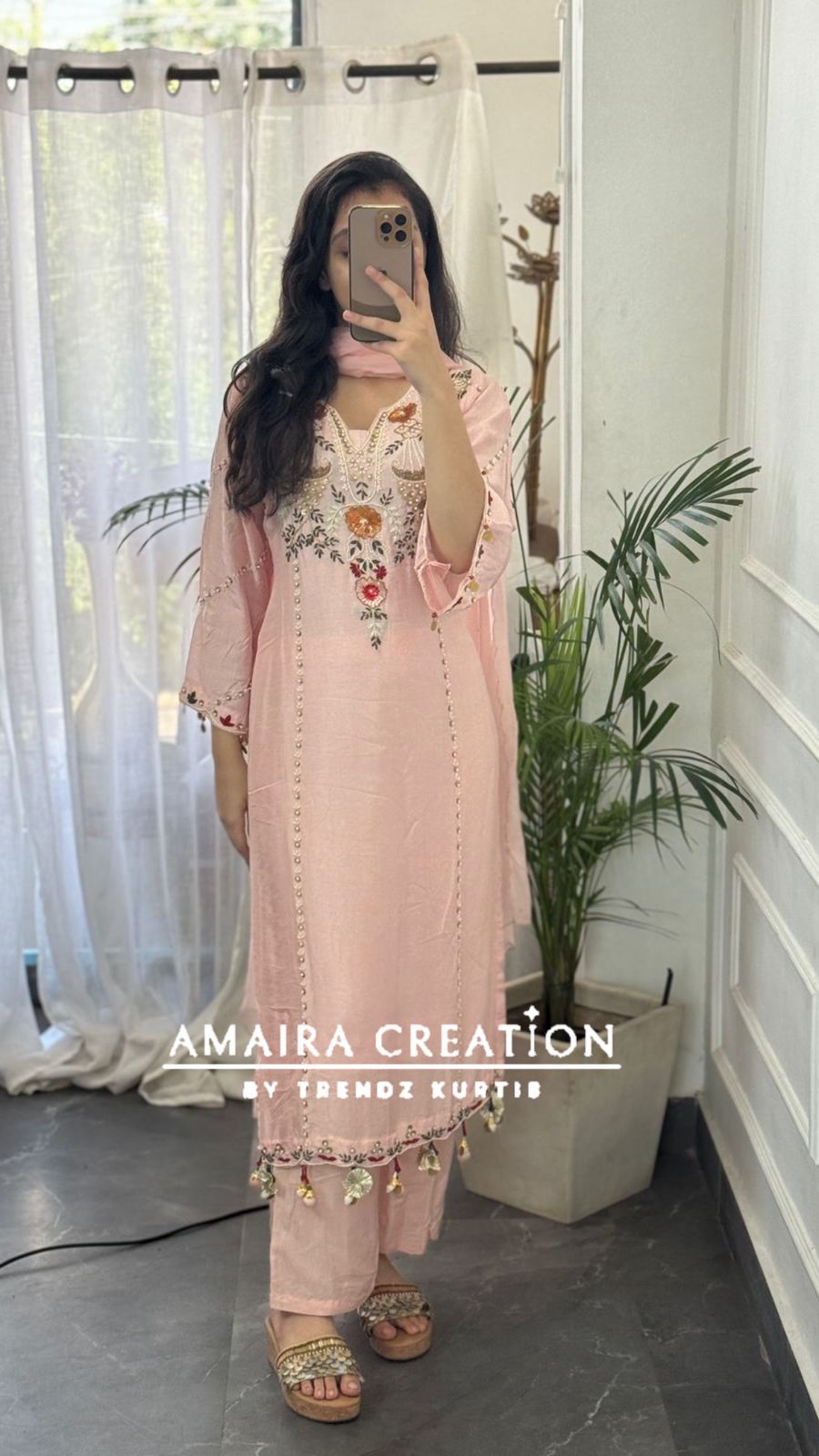 Premium Dola Silk Light Peach Beautiful Embroidered Pant Set