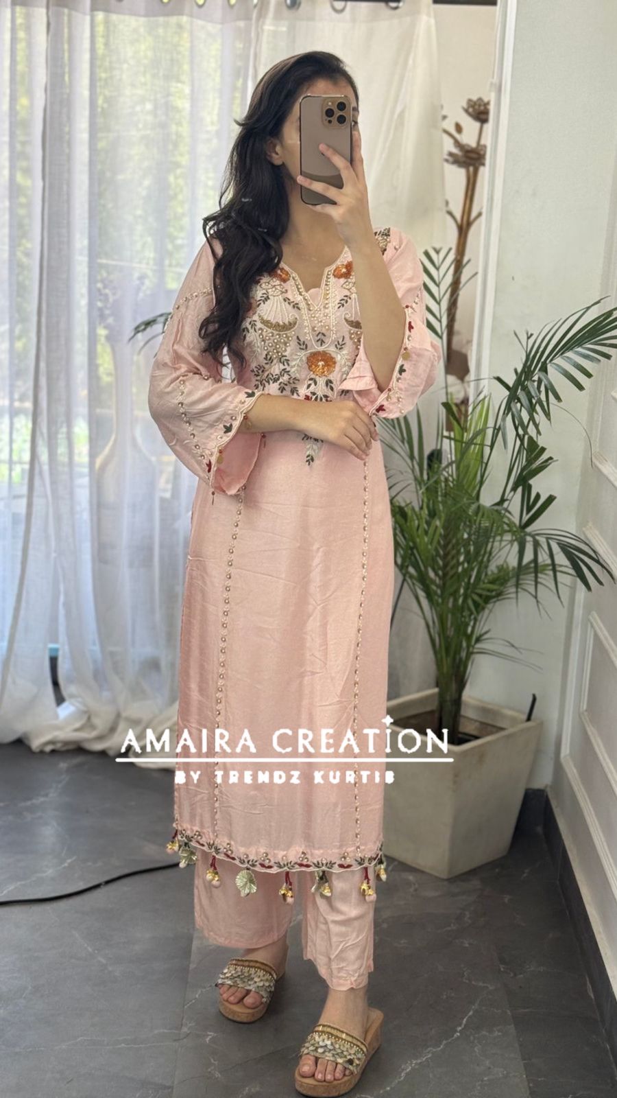 Premium Dola Silk Light Peach Beautiful Embroidered Pant Set