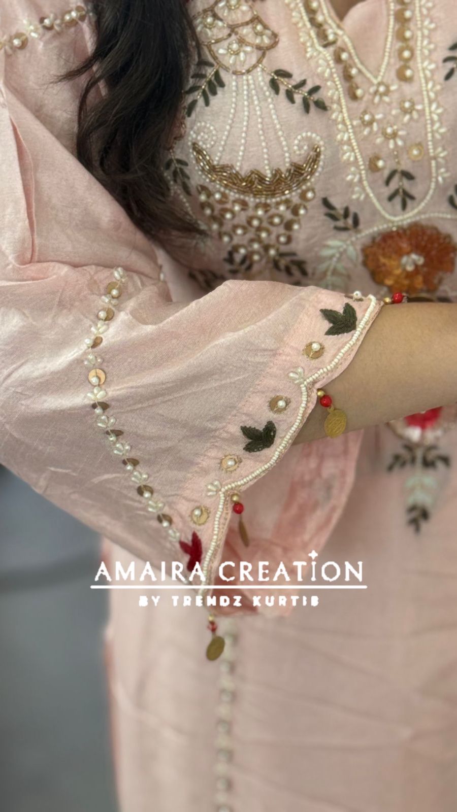 Premium Dola Silk Light Peach Beautiful Embroidered Pant Set