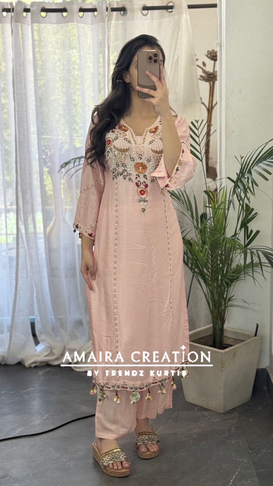Premium Dola Silk Light Peach Beautiful Embroidered Pant Set