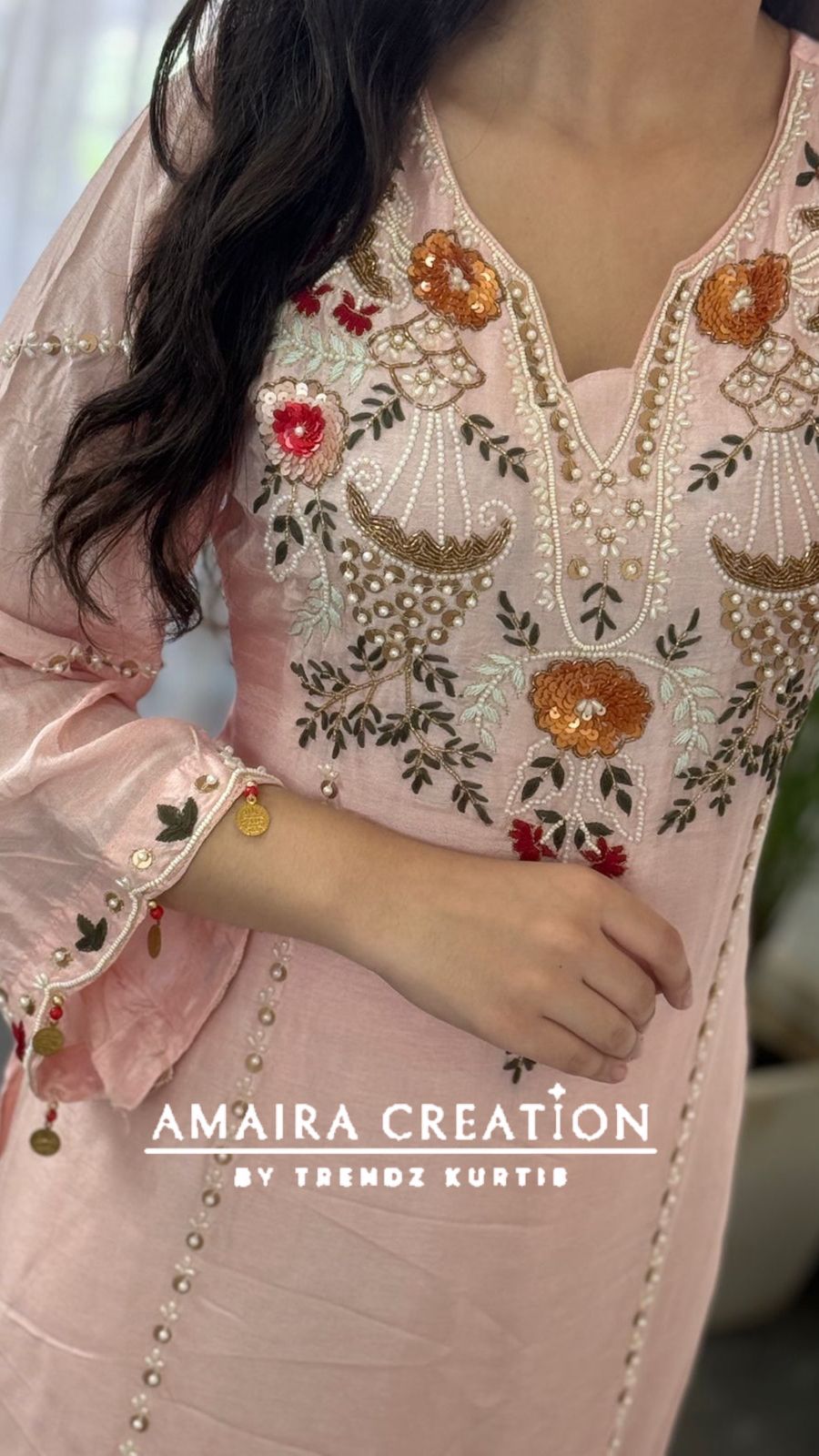 Premium Dola Silk Light Peach Beautiful Embroidered Pant Set