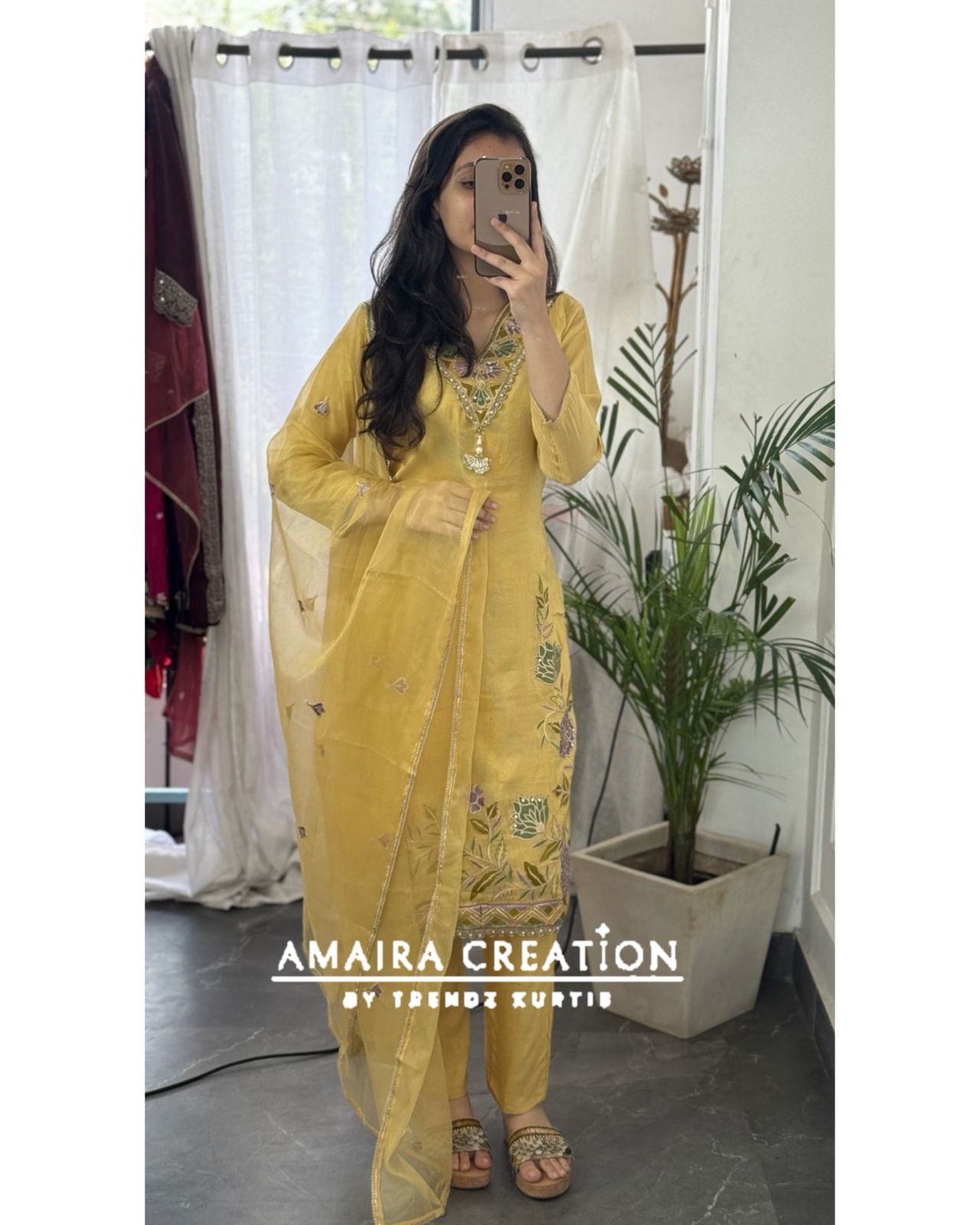 Premium Glass Tissue Mustard Color Pant Set