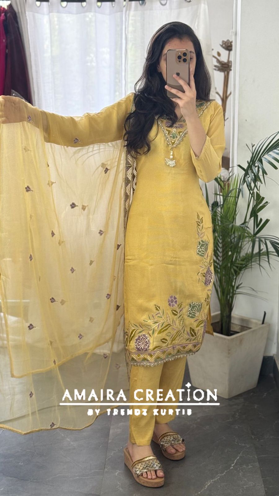 Premium Glass Tissue Mustard Color Pant Set