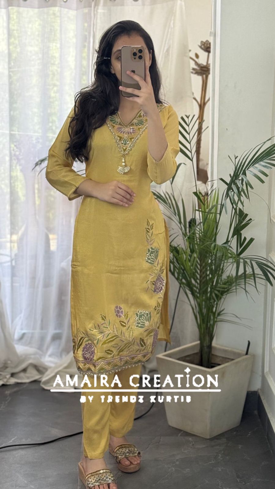Premium Glass Tissue Mustard Color Pant Set