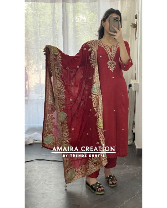Premium Dola Silk Rust Pant Set With Banarasi Dupatta