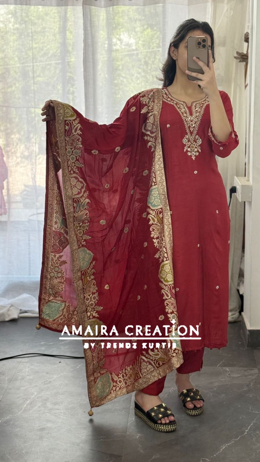 Premium Dola Silk Rust Pant Set With Banarasi Dupatta