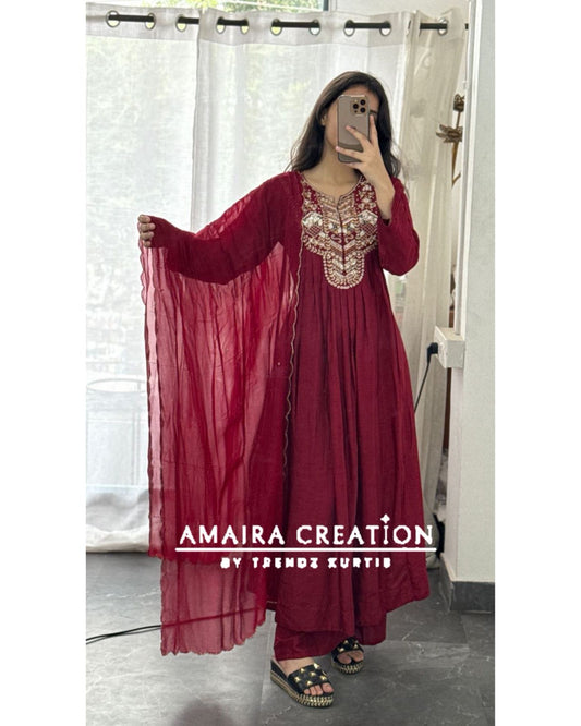 Premium Dola Silk Maroon Colour A Line Set