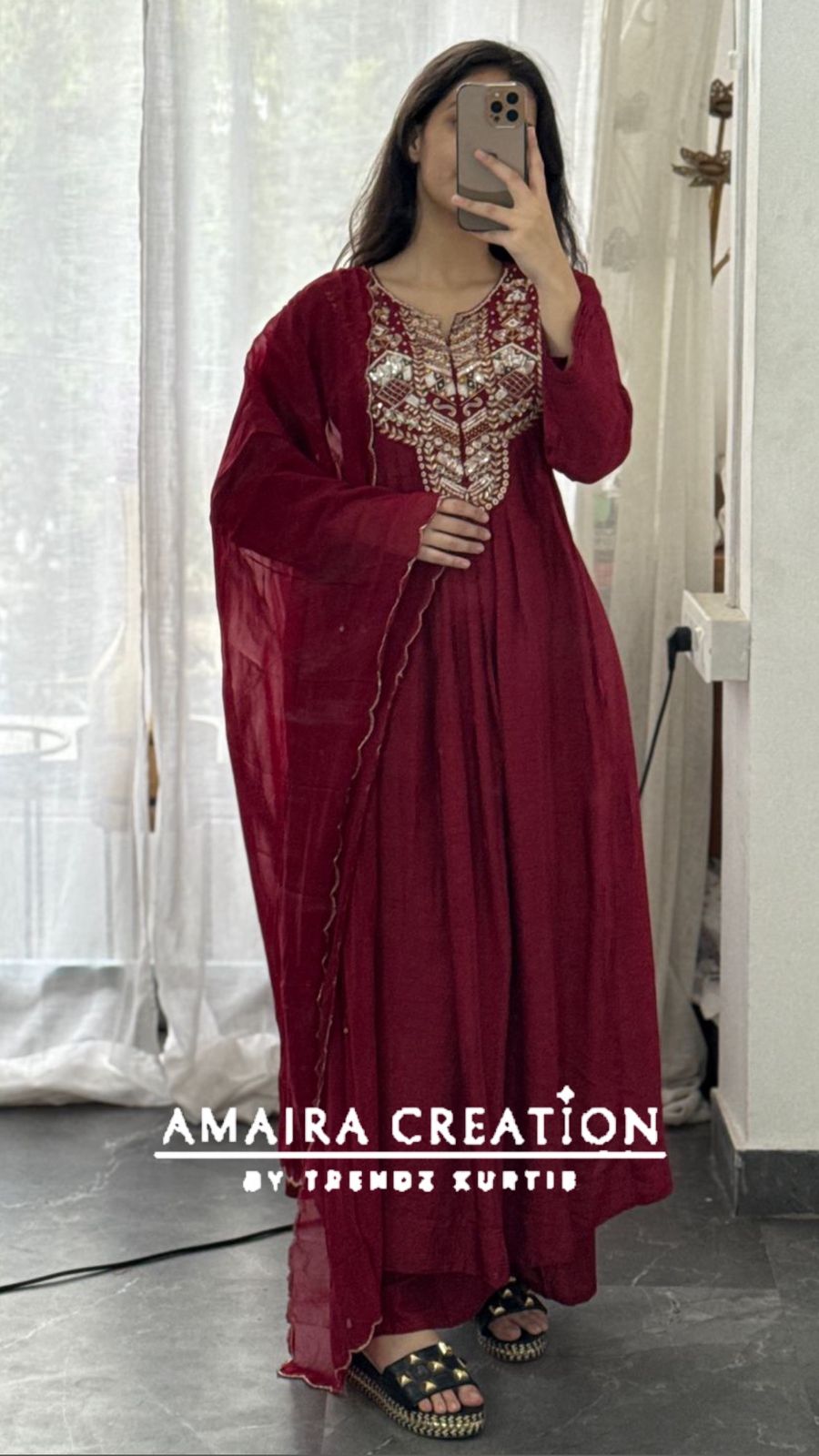 Premium Dola Silk Maroon Colour A Line Set
