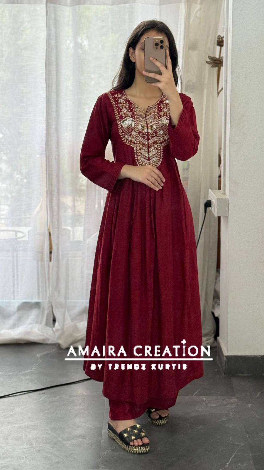 Premium Dola Silk Maroon Colour A Line Set