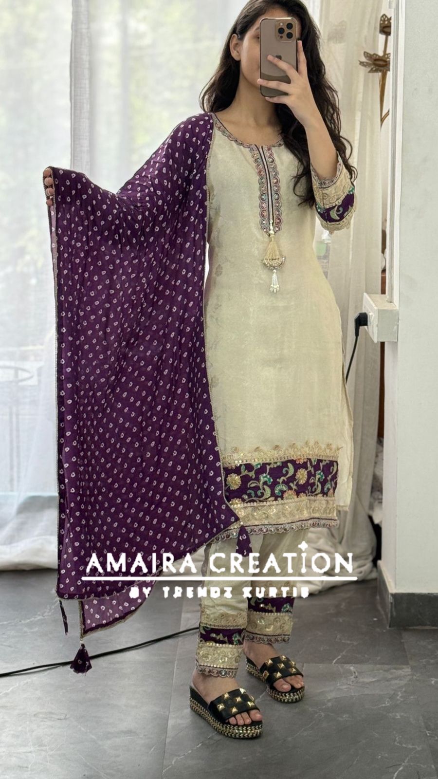 Premium Glass Tissue Cream Purple Pant Set