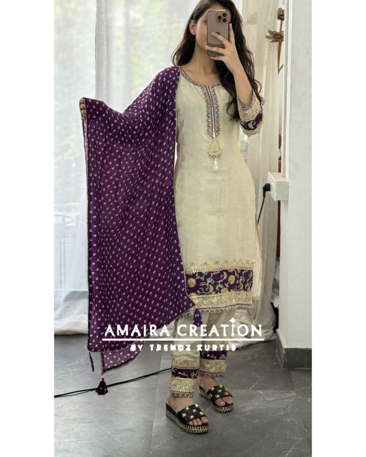Premium Glass Tissue Cream Purple Pant Set