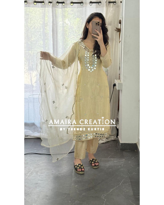 Premium Glass Tissue Original Mirror Work Cream Pant Set With Organza Dupatta