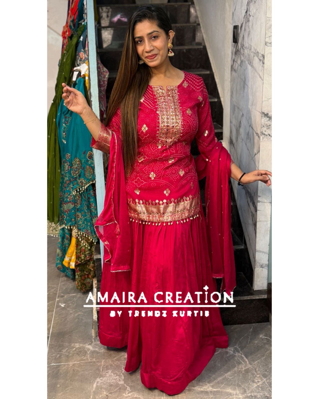 Premium Organza Rani Pink Bandhej Skirt Set