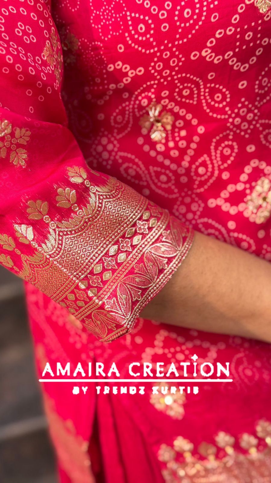 Premium Organza Rani Pink Bandhej Skirt Set