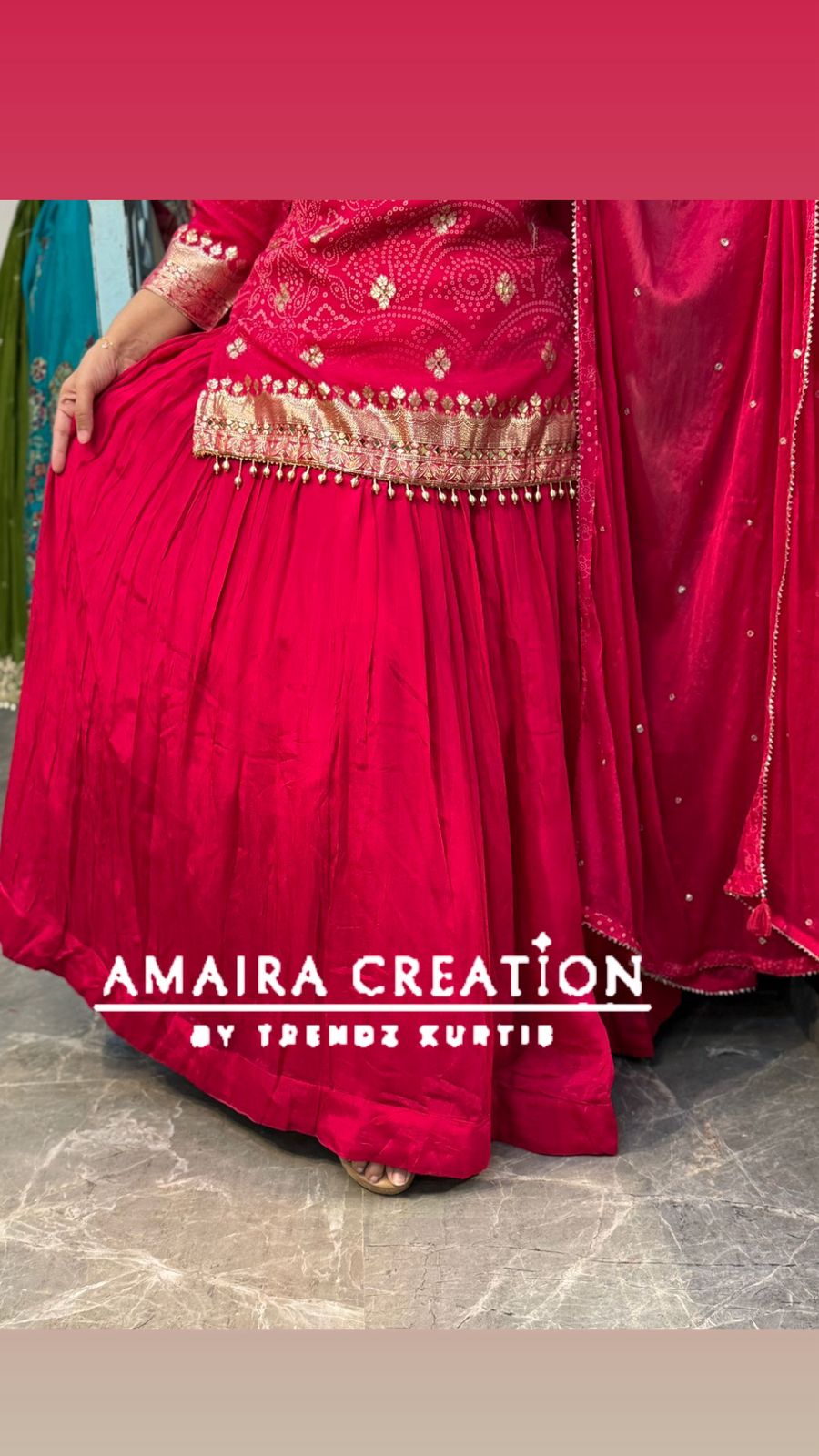 Premium Organza Rani Pink Bandhej Skirt Set