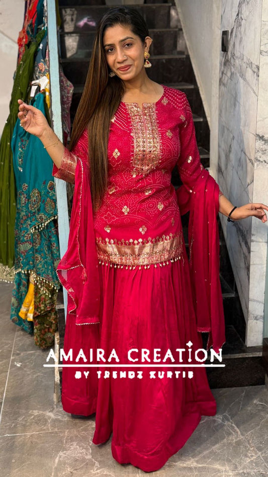 Premium Organza Rani Pink Bandhej Skirt Set