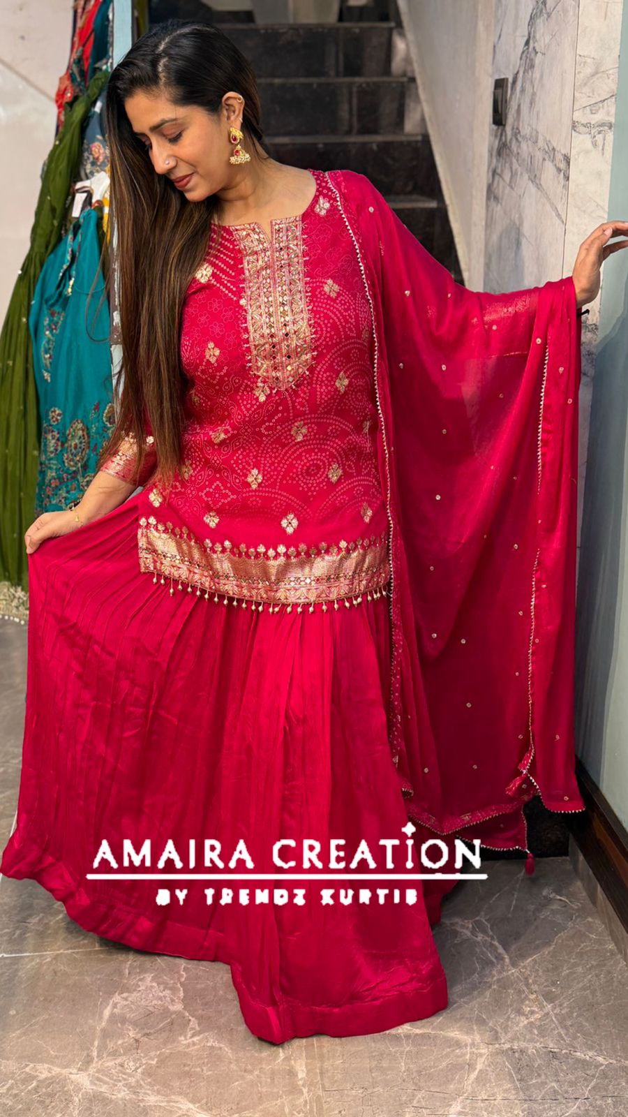 Premium Organza Rani Pink Bandhej Skirt Set