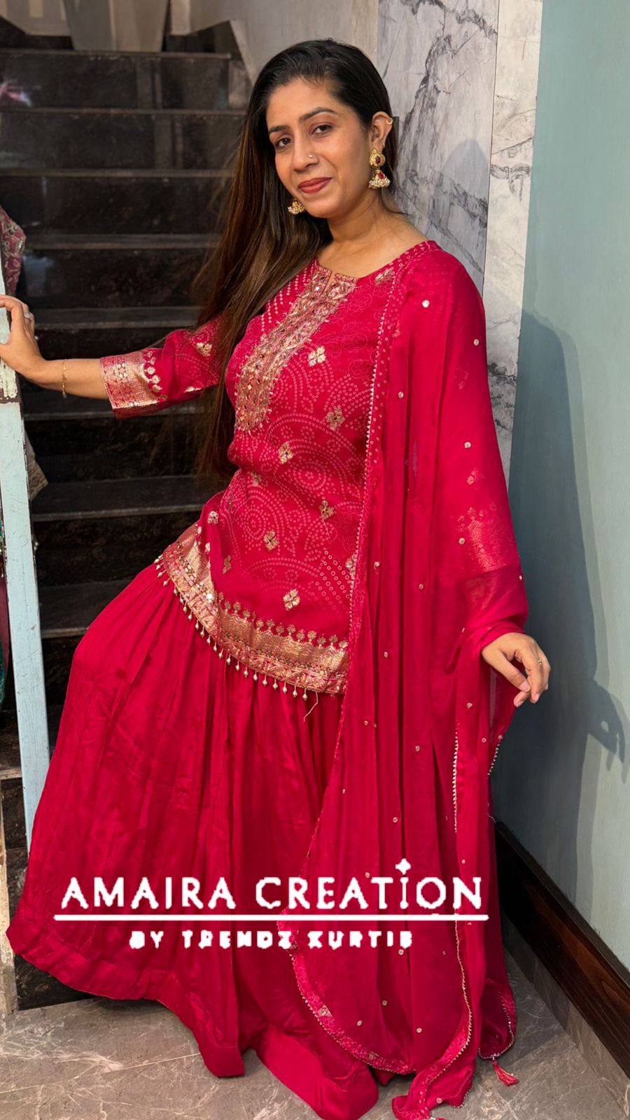 Premium Organza Rani Pink Bandhej Skirt Set