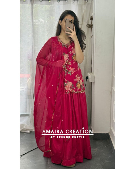 Premium Chinnon Rani Short Kurti Skirt Set(16 inches sleeves available)