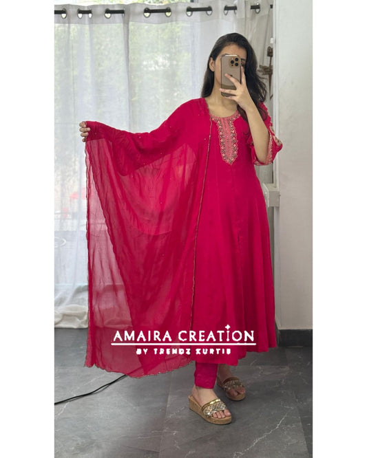 Premium Georgette  Magenta Centre Slit Pant Set With Beautiful  Hand Work