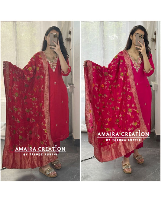 Premium Dola Silk Pant Set With Banarasi Dupatta