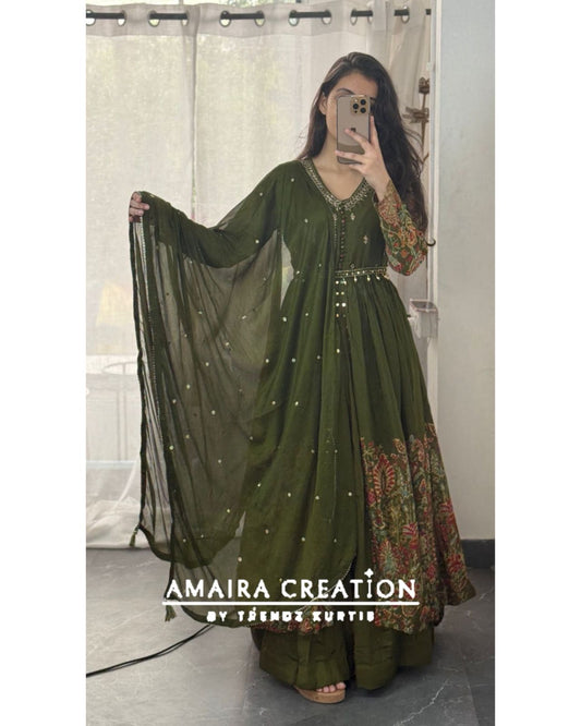 Premium Chinnon Mehendi Green Centre Slit Skirt Set
