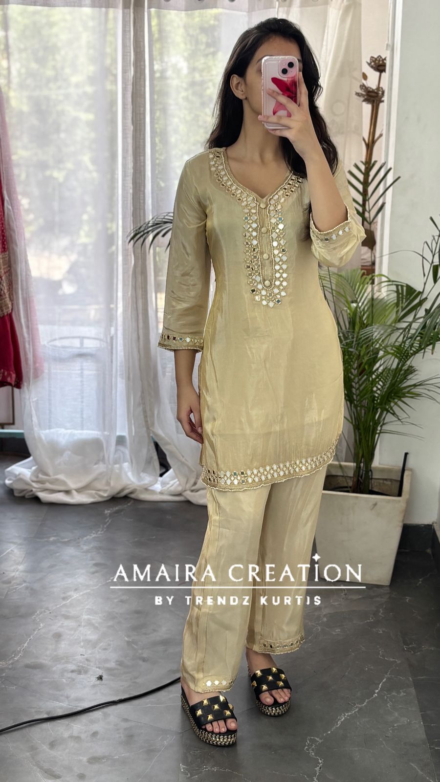 Premium Glass Tissue Cream Colour Mirror Work Cord Set