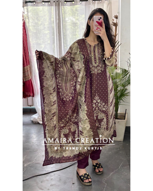 Premium Glass Tissue Bandhni Print Wine Colour Pant Set