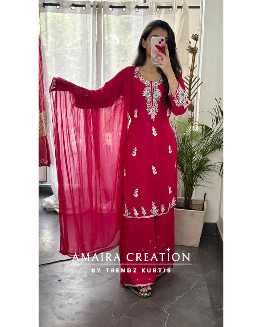 Premium Chinnon Magenta Plazo Set