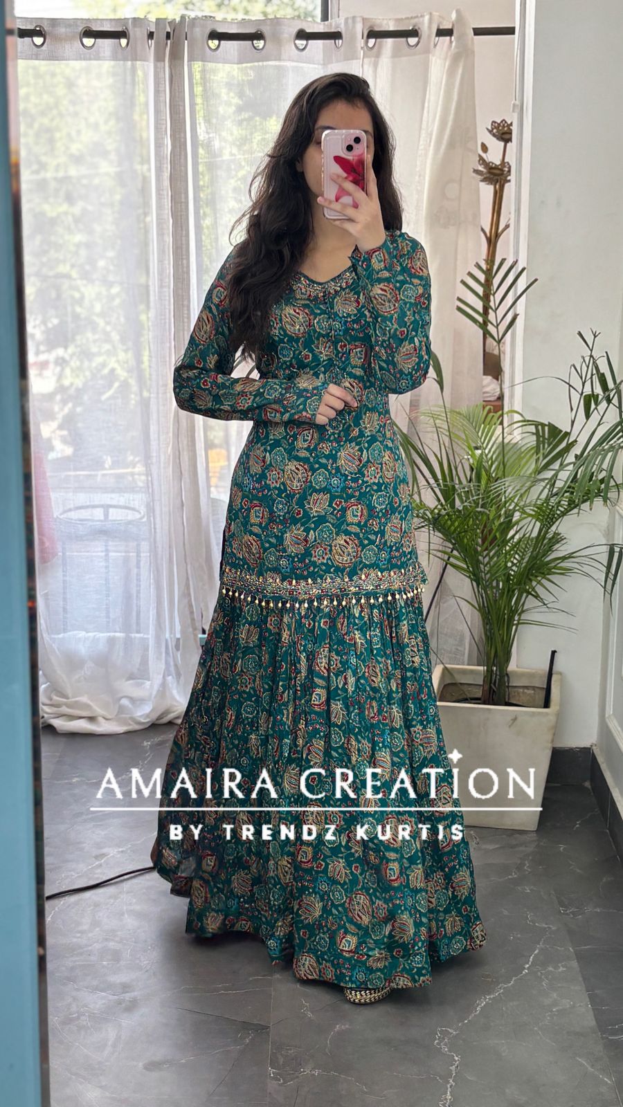Premium Chinnon Firozi Full Flare Skirt Set