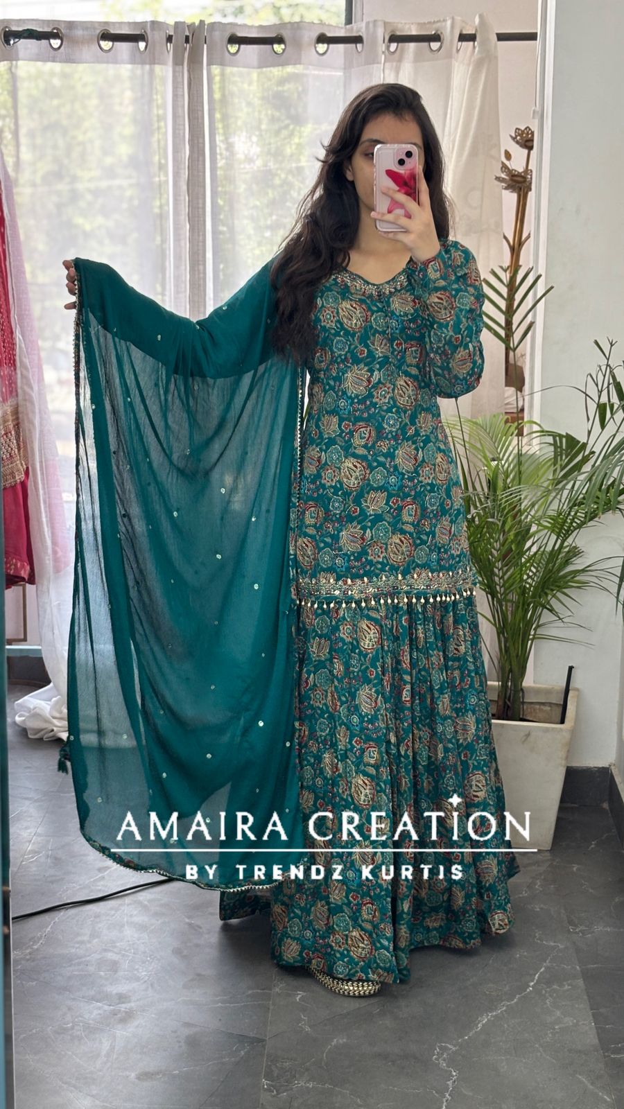 Premium Chinnon Firozi Full Flare Skirt Set
