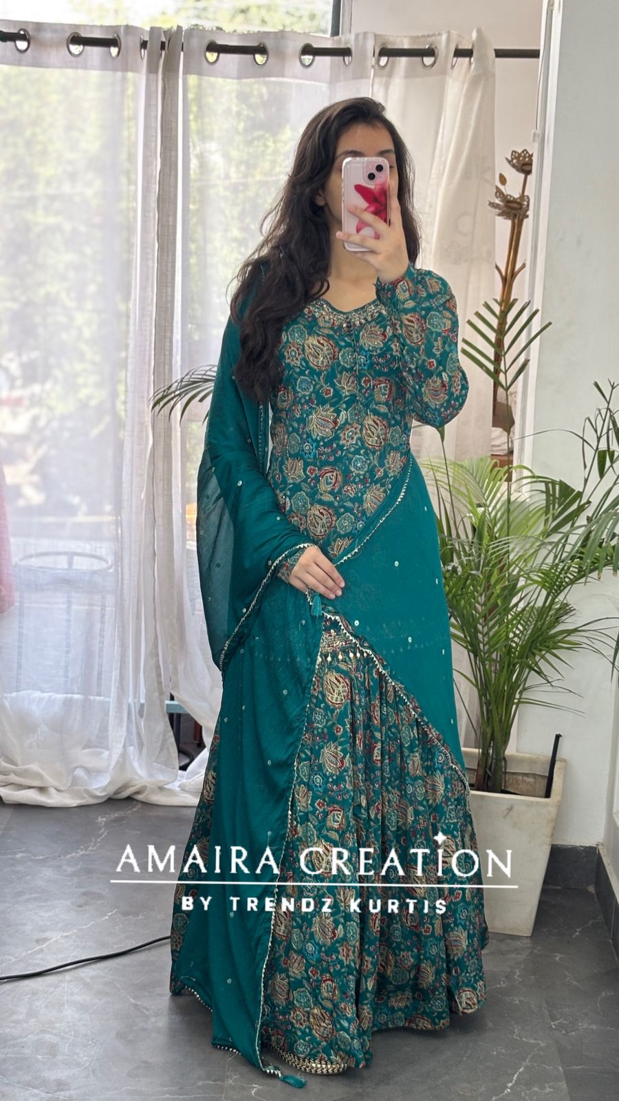 Premium Chinnon Firozi Full Flare Skirt Set