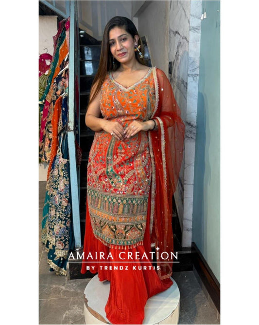 Premium Crepe Orange Fully Embroidered Divider Set (17 inches sleeves available)