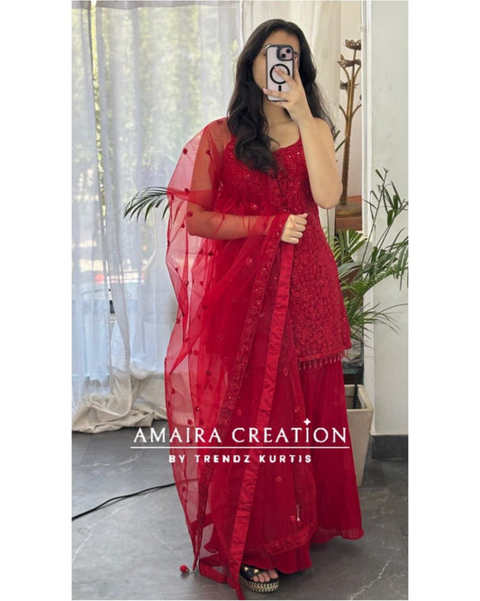 Premium Net Top With Thread Embroiderey, Sequence spreading &  Georgette Sharara Set(16inches Net Sleeves Available)