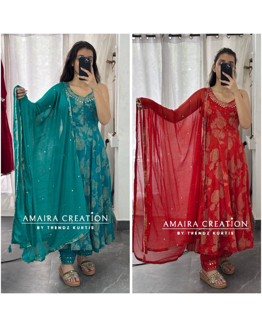Premium Chinnon Full Flare Anarkali With Afghani Set(17 inches sleeves available)