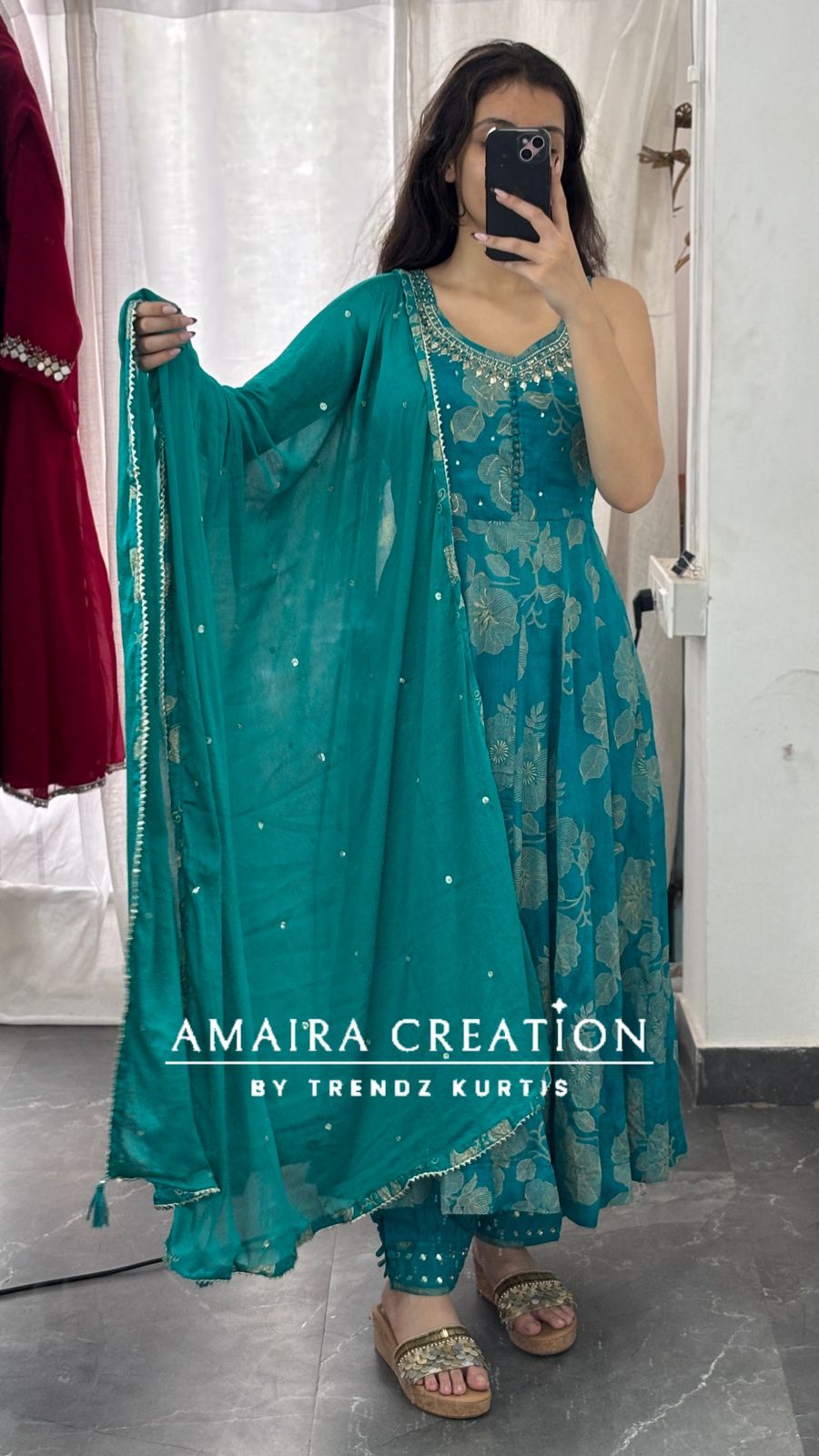 Premium Chinnon Full Flare Anarkali With Afghani Set(17 inches sleeves available)