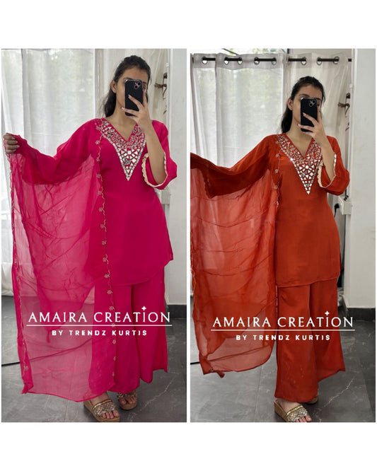 Premium Crepe Original Mirror Work Set With Scaling Organza  Dupatta