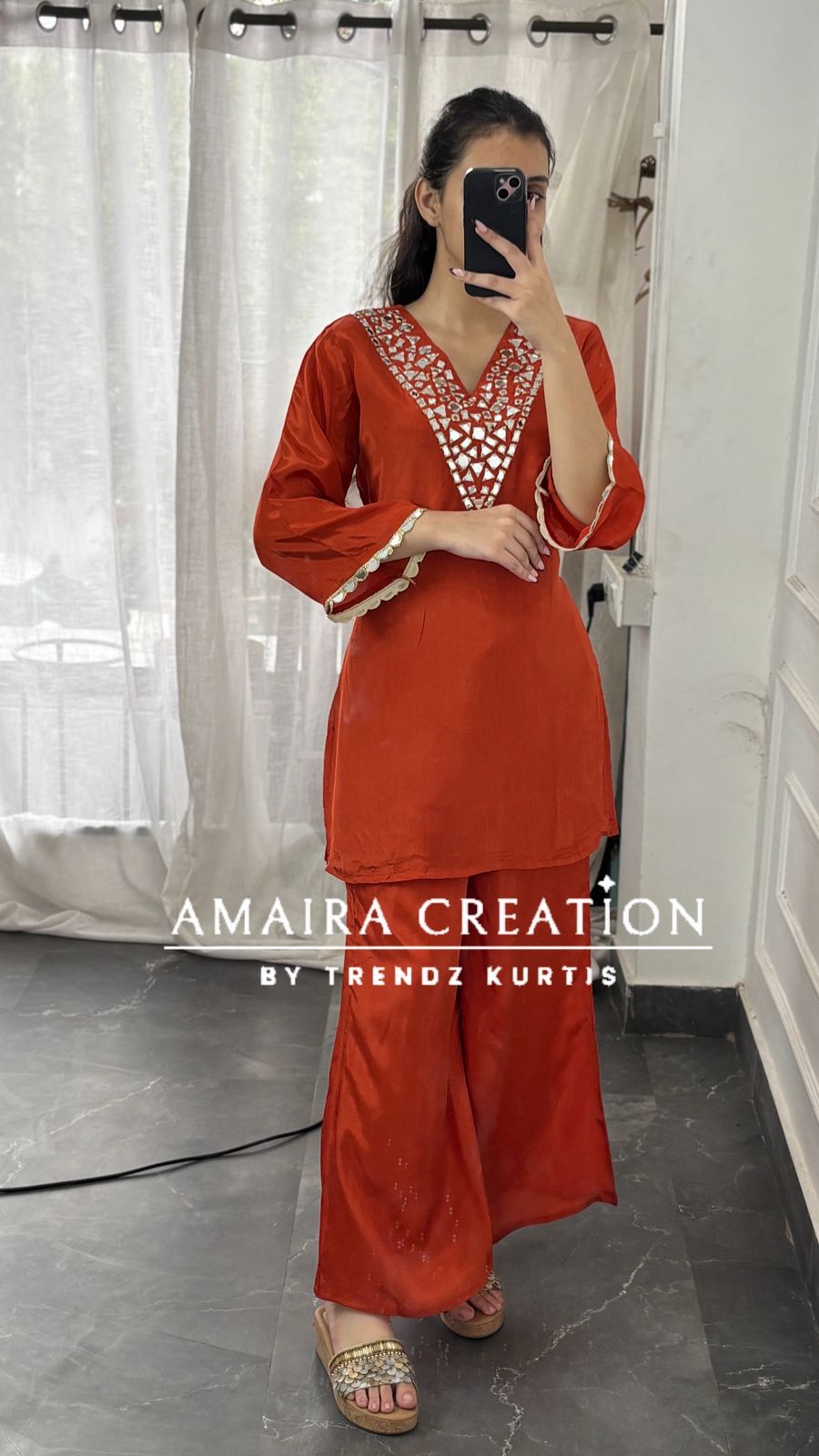 Premium Crepe Original Mirror Work Set With Scaling Organza  Dupatta
